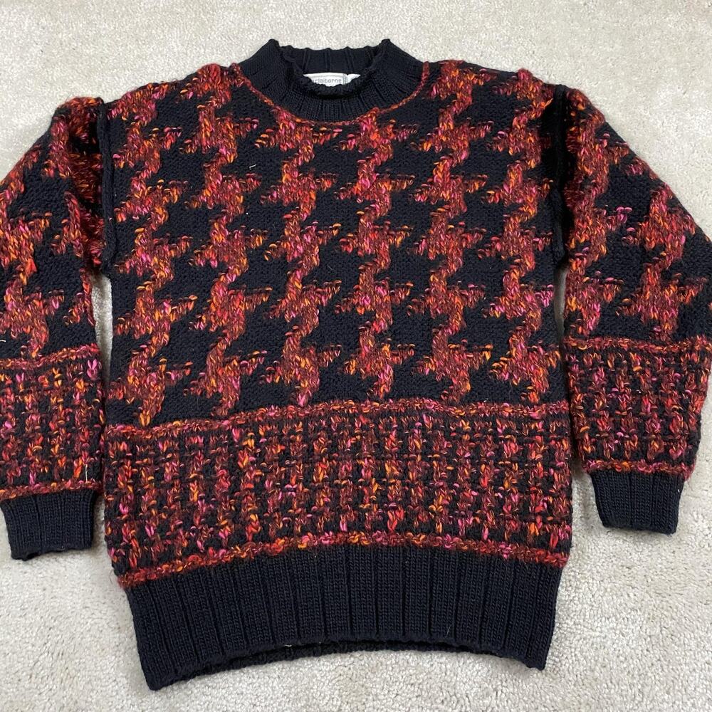 VTG Liz Claiborne Sweater Womens S Petite Black Handknit Houndstooth 90s Chunky
